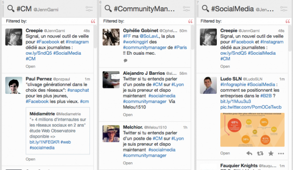 Exemples de recherches sur Tweetdeck sur le métier de Community Manager et sur les réseaux sociaux.